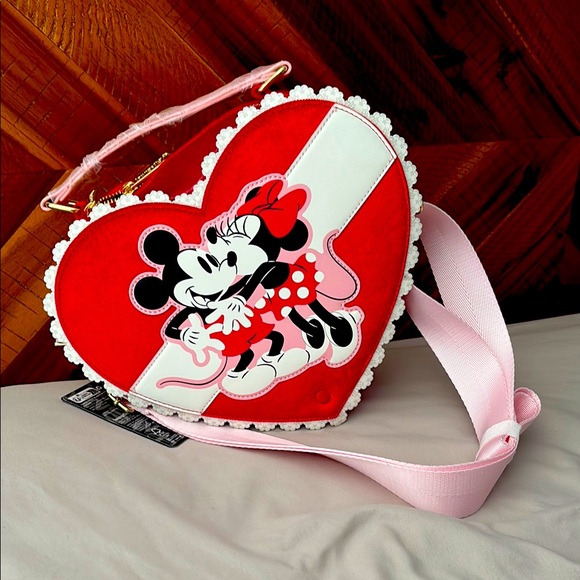 Loungefly Handbags - Minnie Mouse Heart Crossbody Hard Tag Loungefly Bag in Red & Pink